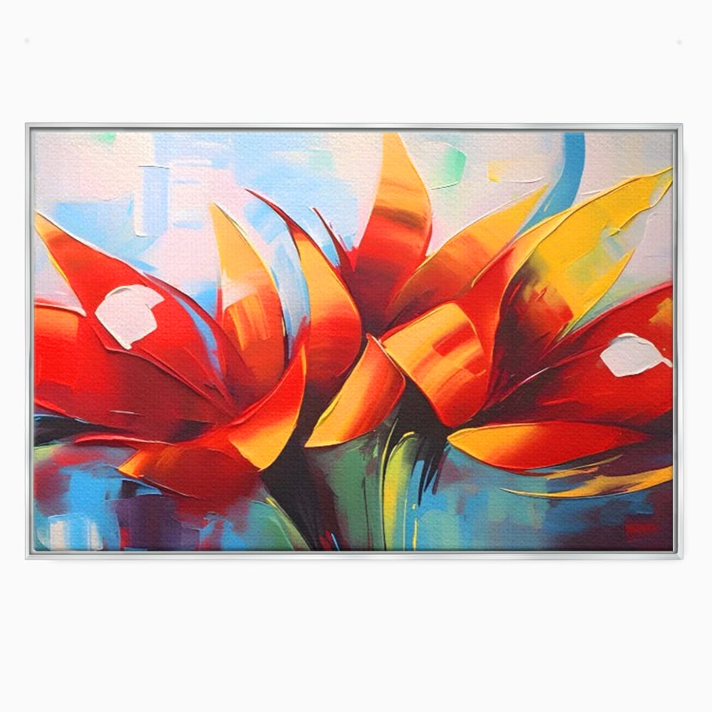 Tablou canvas cu pictura abstracta cu flori portocalii, in rama de aluminiu argintiu